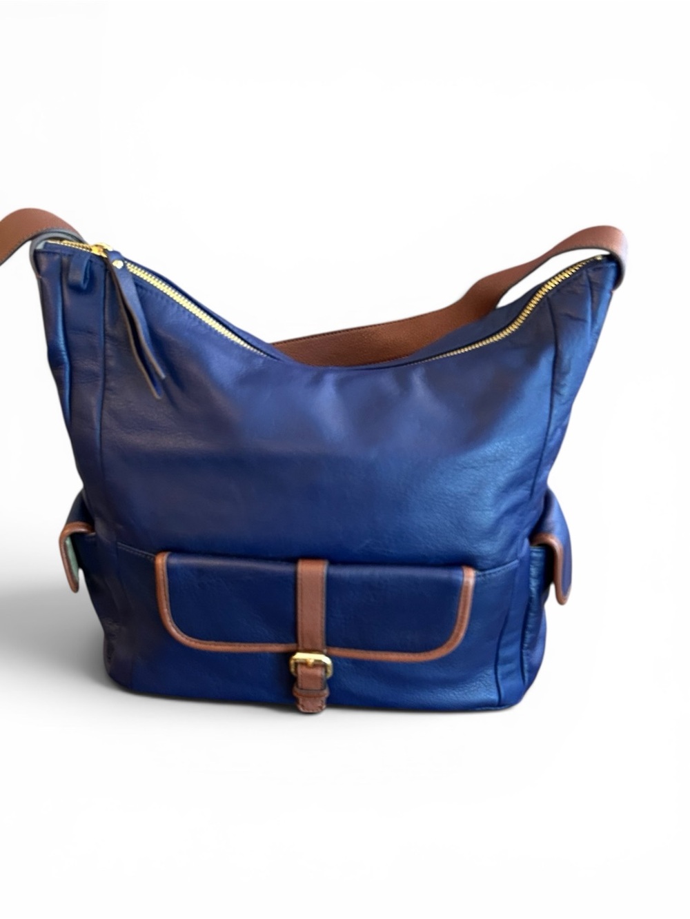 Isaac Mizrahi Blue Pebbled Leather Shoulder Bag with Brown Trim classic